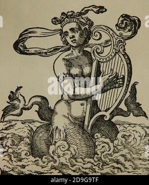 Sirena che suona un'arpa. Incisione di Jost Amman, 1599. Foto Stock