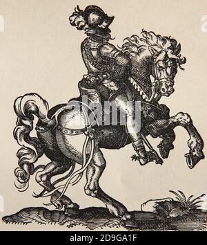 Rinascimento. Cavalluomo (soldato nella cavalleria). Engravinb di Jost Amman, 16 ° secolo. Foto Stock