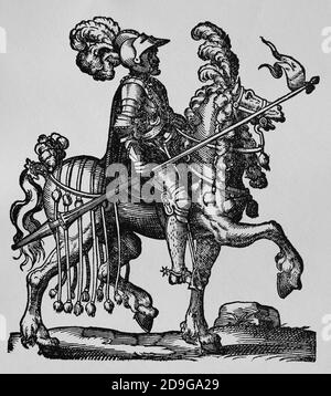 Scovare. Rinascimento. Cavaliere con lancia. Engravinb di Jost Amman, 16 ° secolo. Foto Stock
