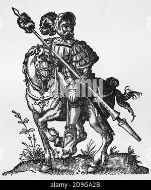 Scovare. Rinascimento. Cavaliere con lancia. Engravinb di Jost Amman, 16 ° secolo. Foto Stock