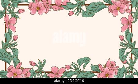 Cornice rettangolare con bordi floreali e angoli decorati. Elementi di garland aggrovigliati rosa di fiori di mela. Illustrazione grafica vettoriale. Illustrazione Vettoriale