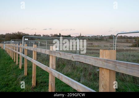 Steeple Claydon, Buckinghamshire, Regno Unito. 3 novembre 2020. Gli attivisti ambientali anti HS2 stanno vivendo in Poors Piece Wood nel tentativo di salvarlo dalle grinfie di HS2. Questo terreno boschivo e le distese della campagna circostante sono dovute essere distrutte dall'HS2. Il controverso treno ad alta velocità da Londra a Birmingham è di grande preoccupazione sia per gli abitanti del villaggio di Steeple Claydon e per gli attivisti ambientali. Credito: Maureen McLean/Alamy Foto Stock