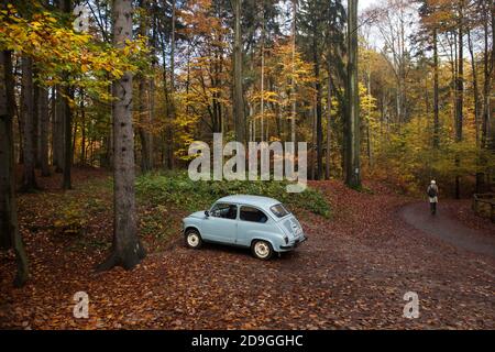 Automobile Fiat 600 parcheggiata solitaria nella foresta autunnale nella zona paesaggistica di Hruboskalsko (Hruboskalské skalní město) vicino a Turnov nella Boemia settentrionale, Repubblica Ceca. Foto Stock