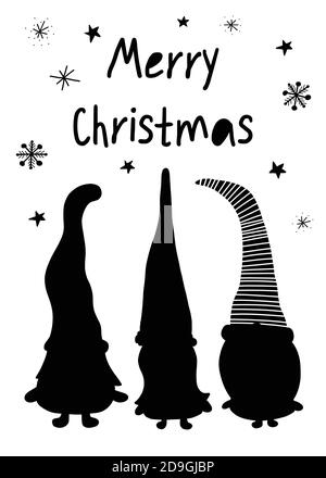 Gnomes Natale biglietto d'auguri modello. Illustrazione vettoriale disegnata a mano di tre gnomi nero su bianco. Design monocromatico per le feste. Illustrazione Vettoriale