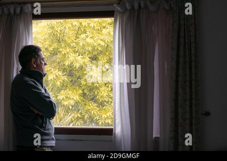 Uomo anziano pensivo che guarda fuori la finestra, con uno sfondo di foglie gialle in autunno Foto Stock