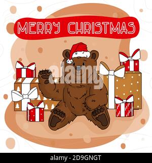 L'orso bruno felice disegnato a mano grizzly sta agitando la mano e. si siede su sfondo marrone rosa Illustrazione Vettoriale