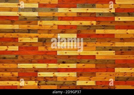 Parete rivestita in pannelli creata con stecche di legno rustiche annodate in una gamma di colori autunnali. Foto Stock