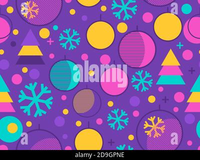 Motivo senza giunture natalizie. Palle di Natale in stile lineare, fiocchi di neve e alberi geometrici di Natale fatti di triangoli in stile anni '80. Vettore ill Illustrazione Vettoriale