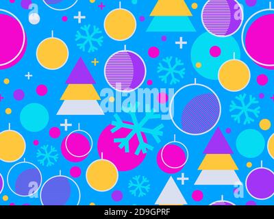 Motivo senza giunture natalizie. Palle di Natale in stile lineare, fiocchi di neve e alberi geometrici di Natale fatti di triangoli in stile anni '80. Vettore ill Illustrazione Vettoriale