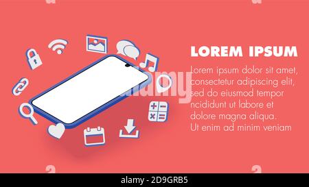 Una rappresentazione orizzontale del telefono cellulare con schermo vuoto. Intorno ad esso diverse icone mobili e web. Lavoro 3D su sfondo solido arancione-rosso con testo s. Illustrazione Vettoriale