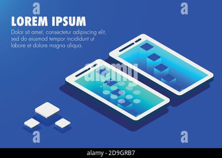 Aprire e bloccare, telefono cellulare isometrico, diapositiva o poster su sfondo sfumato Illustrazione Vettoriale