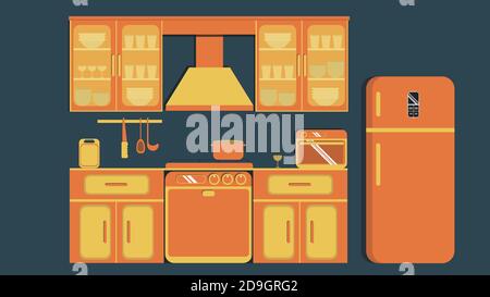 Isolato, design piatto su una cucina con diversi elettrodomestici inclusi. Oggetti di colore arancione e giallo su sfondo blu scuro. Illustrazione Vettoriale