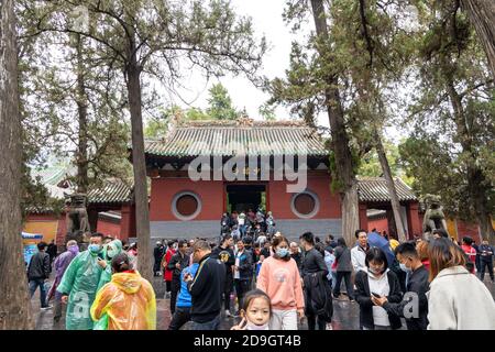 Greggi di visitatori, vestiti con impermeabile di vari colori, visita il Monastero di Shaolin, noto anche come il Tempio di Shaolin, che e il suo Pagoda Forest Wer Foto Stock