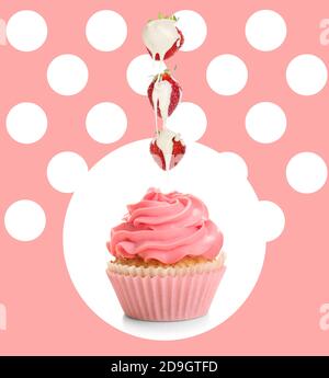 Gustosa cupcake e fragola cadente con cioccolato bianco a colori sfondo Foto Stock