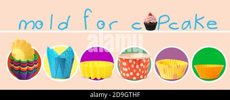 Stampi diversi per cupcakes su sfondo colorato Foto Stock