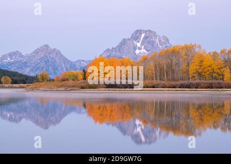 Oxbow Bend all'alba, Snake River, Grand Teton National Park, Wyoming, USA, di Dominique Braud/Dembinsky Photo Assoc Foto Stock