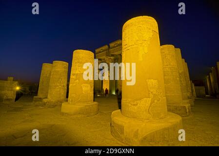 Il tempio conosciuto come Kom Ombo è in realtà due templi costituiti da un tempio di Sobek e un tempio di Haroeris. Nei tempi antichi, coccodrilli sacri bas Foto Stock