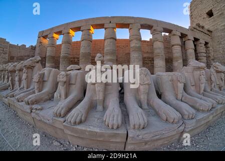 Viale delle sfingi che conduce al principale quartiere del tempio alle rovine del Grande Tempio di Amon a Karnak, Egitto. Preso @Esna, Egitto Foto Stock