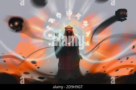Illustrazione digitale art design Style uno stregone che scrive magia scura contro terra esplosiva. Foto Stock