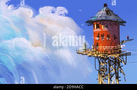 Torre in legno rosso contro il cielo blu con nuvole soffici, illustrazione digitale pittura pittura stile. Foto Stock