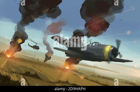 Illustrazione digitale pittura disegno stile elicottero tiro in aereo sopra il paddy dell'Asia, guerra degli aerei. Foto Stock