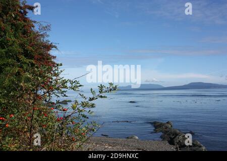 La vista verso sud dal Brooks Point Regional Park a South Pender Island, BC, Canada verso le isole San Juan nello stato di Washington, America Foto Stock