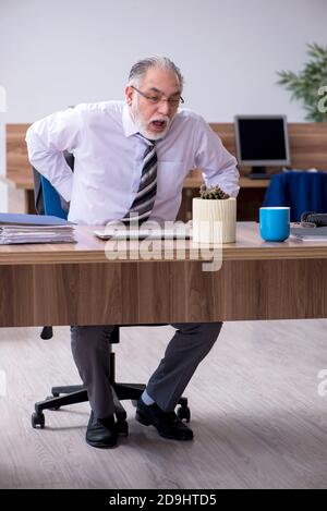 Anziano dipendente che soffre di radicolite sul posto di lavoro Foto Stock