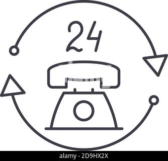 icona dei servizi 24 ore su 24, illustrazione isolata lineare, vettore a linee sottili, segno di disegno web, simbolo del concetto di contorno con tratto modificabile su sfondo bianco. Illustrazione Vettoriale