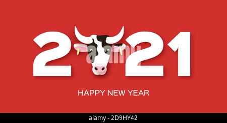 Modello di banner di Capodanno cinese felice. 2021 simbolo toro, bue, mucca. Zodiaco cinese. Simbolo oroscopo lunare in stile taglio di carta. Sfondo rosso. Illustrazione Vettoriale