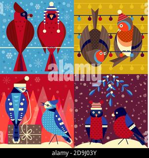 Uccelli di Natale in divertenti Cappelli Xmas Cards Set Illustrazione Vettoriale