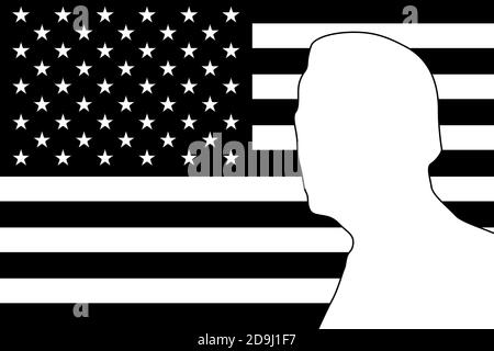 Concetto di elezioni USA, Joe Biden silhouette sulla bandiera usa. Illustrazione in bianco e nero Foto Stock
