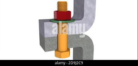 Assemblaggio di due componenti con bullone, vite e dado con rondella. Designazione colorata. Rendering 3D. Foto Stock