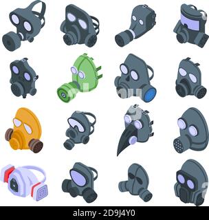Icone della maschera gas impostate. Set isometrico di icone vettoriali per maschere di gas per il web design isolato su sfondo bianco Illustrazione Vettoriale
