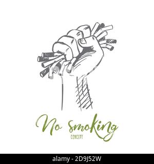 Disegno a mano vettoriale del concetto di non fumatori con la mano umana forte compressione di sigari e lettere motivazionali Illustrazione Vettoriale