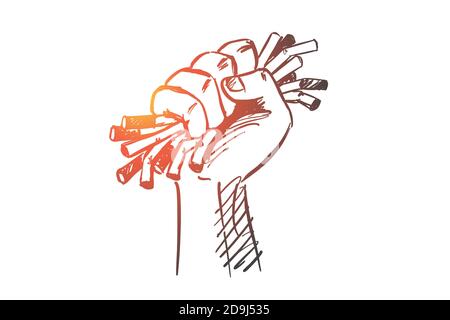 Sigarette inutili disegnate a mano nel palmo umano Illustrazione Vettoriale