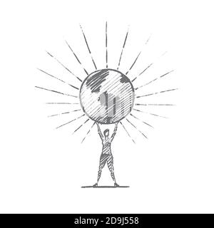 Schizzo del concetto di pianeta Terra disegnato a mano da un vettore. Donna in piedi e tenendo grande globo luminoso sulle mani sollevate Illustrazione Vettoriale
