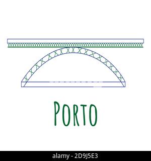 Ponte in metallo a due piani, stile piatto, simbolo di Porto. Icona del punto di riferimento per i viaggiatori. Illustrazione vettoriale isolata su sfondo bianco Illustrazione Vettoriale
