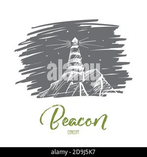 Schizzo del concetto di beacon disegnato a mano vettoriale. Faro su rocce che brillano durante la notte. Informazioni sul segnalatore di scrittura Illustrazione Vettoriale