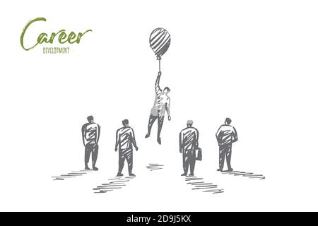 Disegno grafico di concetto di sviluppo di carriera disegnato a mano del vettore con la persona che tiene piccolo aerostato sulla mano sollevata mentre volando su e. altre persone intorno looki Illustrazione Vettoriale
