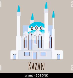 Moschea in stile piatto, simbolo di Kazan. Icona del punto di riferimento per i viaggiatori. Illustrazione vettoriale isolata su sfondo grigio. Illustrazione Vettoriale