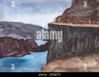 Illustrazione dei fiordi acquerelli - montagne, rocce, scogliere e mare. Paesaggio su carta acquerello fatta a mano. Disegno artistico. Cielo e montagna. Natura Foto Stock