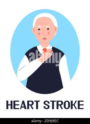 Ictus cardiaco icona vettore.crisi ipertensiva, aterosclerosi, dolore toracico è mostrato. L'uomo anziano afferra il petto. Illustrazione del problema cardiologico Illustrazione Vettoriale