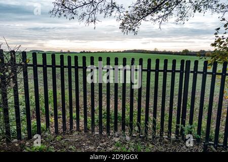 no attraverso la strada, recinzione che blocca il campo Foto Stock