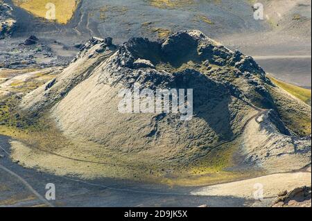 Lakagigar è una fila di appox. 130 crateri vulcanici sull'Islanda meridionale. Il più grande è il vulcano Laki la cui eruzione era uno dei gr Foto Stock