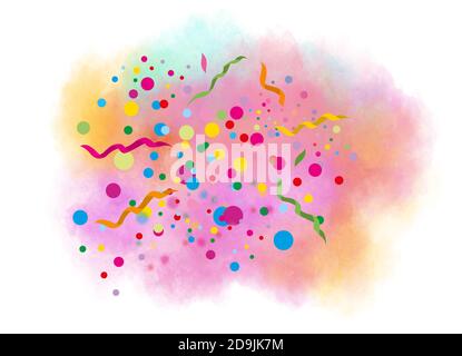 Pastello acquerello partito nuvola spruzzi con colorati confetti puntini e nastro isolato su sfondo bianco. Anniversario, compleanno, matrimonio o Val Foto Stock