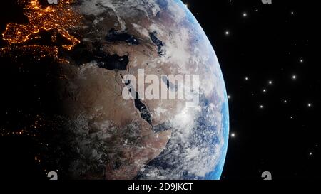 La terra ruota lentamente nello spazio, retroilluminata dal sole con le luci delle città del pianeta visibili sulla superficie. Immagini dalla NASA. Illustrazione 3D con rendering Foto Stock