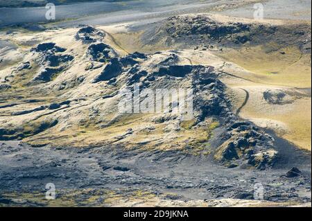 Lakagigar è una fila di appox. 130 crateri vulcanici sull'Islanda meridionale. Il più grande è il vulcano Laki la cui eruzione era uno dei gr Foto Stock