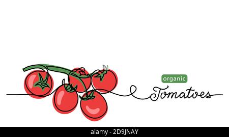 Illustrazione lineart del vettore di ramificazione dei pomodori ciliegini. Un disegno a linee con pomodori organici con lettere Illustrazione Vettoriale