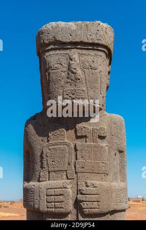 Monolito Estela Ponce, Kalasasya, sito archeologico Tiwanaku o Tiahuanaco, patrimonio mondiale dell'UNESCO, Altiplano, la Paz, Bolivia, America Latina Foto Stock