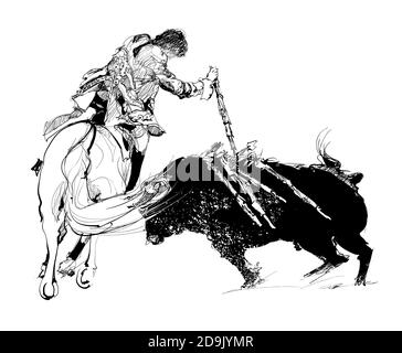 Bullfighter su cavallo con toro durante corrida in Portogallo - illustrazione vettoriale (Ideale per la stampa su tessuto o carta, poster o carta da parati, casa dec Illustrazione Vettoriale